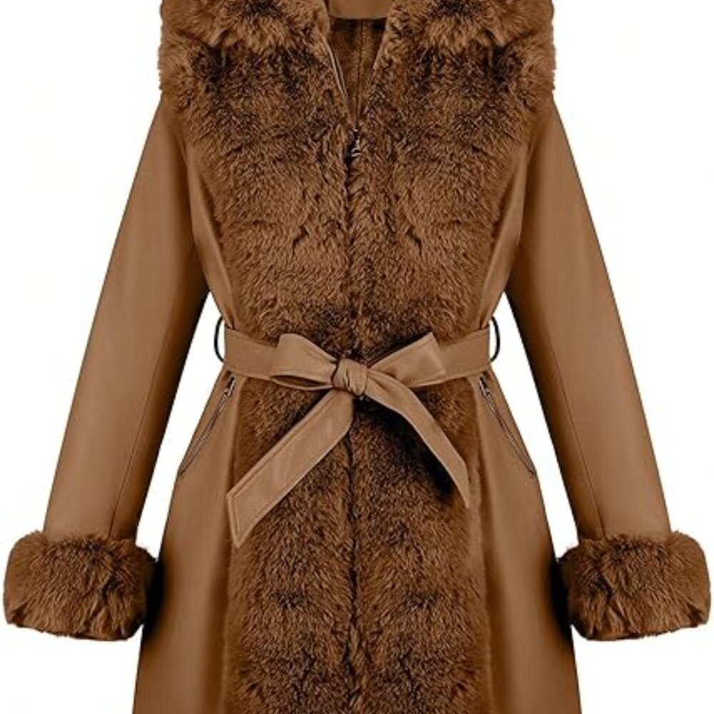 Puffer Jacket Women Winter Fur Lined Camel Coat Long Fur Collar Warm Overcoat